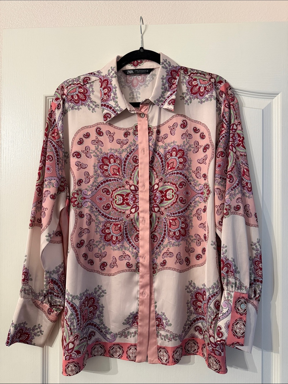 Zara Pink Paisley-Print Satin Button-Down Shirt